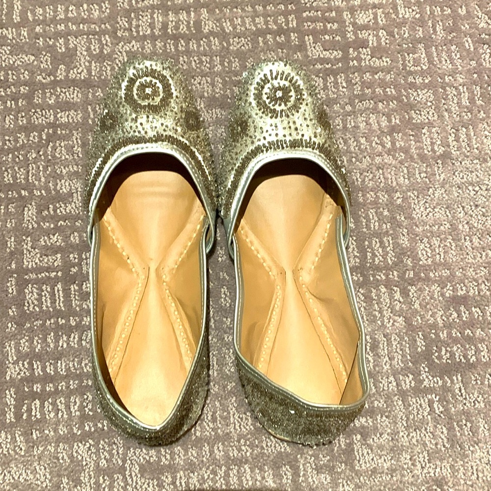 Indian Pakistani Khussa Shoes, silver, leather, sequined, Womens Size 11-12